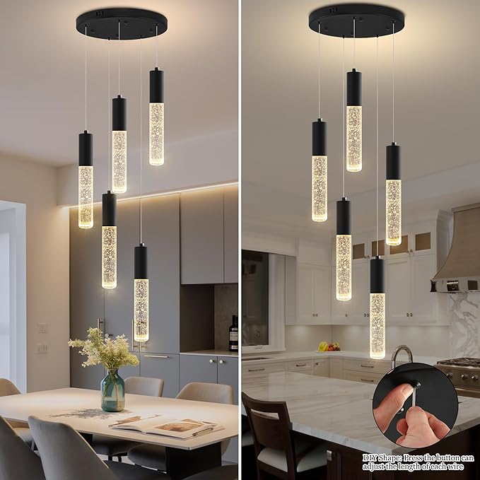 Modern Crystal Chandelier for Kitchen Island 5-Lights, Elegant Black LED Bubble Pendant Lighting Fixture for Dining Room Bedroom Entryway