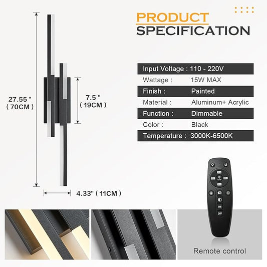 Benkut Modern LED Wall Sconce Black Remote Wall Light Fixtures for Bathroom, Dimmable Vanity Light Indoor LED Remote Wall Sconce for Bedside Bedroom Living Dining Room (27.6inch 3000-6500K 1 Pack)