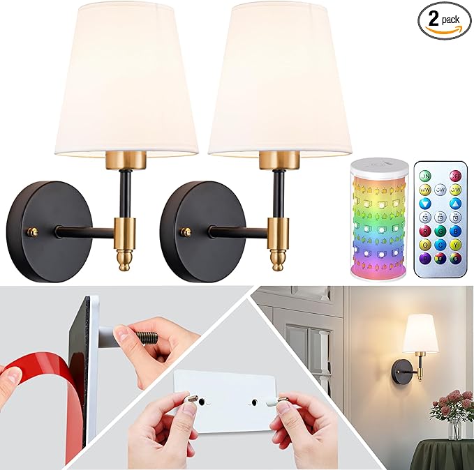 Peel and Stick Wall Sconces, Stick On Wall Sconce Set of 2, Battery Operated Wireless Adhesive Wall Lights, Corn Bulb with 10000mAh Battery, Easy Install for Bedroom Living Room Wall Decor