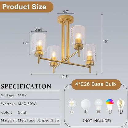 4-Light Modern Sputnik Chandelier Gold Sputnik Semi Flush Mount Ceiling Light with Striped Glass Shade for Living Room Dining Room Kitchen Island Bedroom Hallway Entryway Foyer
