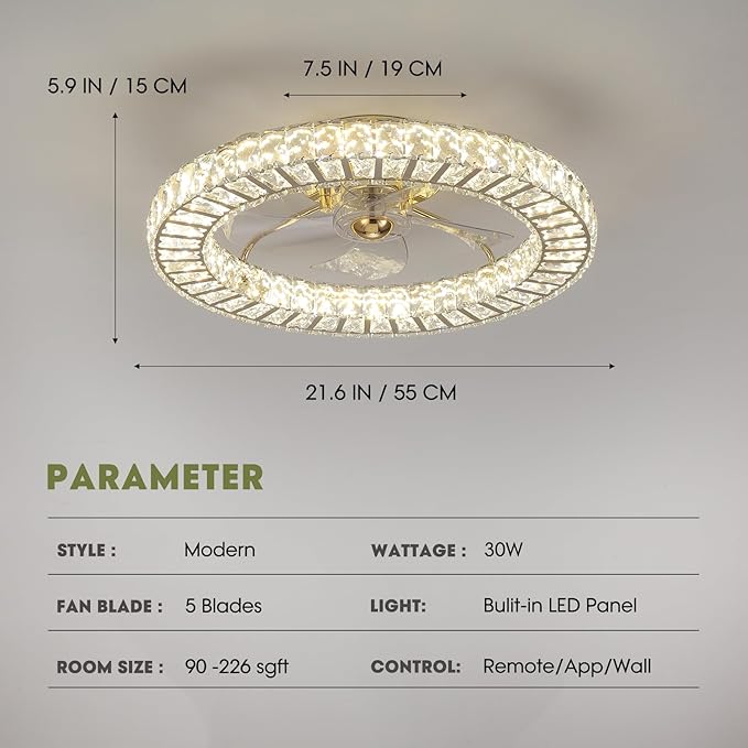 LUDOMIDE Flush Mount Ceiling Fan with Light, 22" Modern Crystal Chandelier Ceiling Fan with Smart 4-Light Color Change, Luxury LED Ceiling Fan, Low Profile Ceiling Fan for Bedroom (Gold)