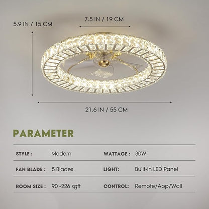 LUDOMIDE Flush Mount Ceiling Fan with Light, 22" Modern Crystal Chandelier Ceiling Fan with Smart 4-Light Color Change, Luxury LED Ceiling Fan, Low Profile Ceiling Fan for Bedroom (Gold)