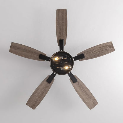52 Inch Flush Mount Ceiling Fans with Lights and Remote Control, Low Profile Farmhouse Ceiling Fan for Bedroom Living Room and Patio, Black Caged Ceiling Fan for Indoor and Outdoor（No Bulb）