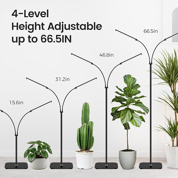 Plant Grow Light for Indoor, Full Spectrum Dual Heads Grow Light, 66.5in Extendable Stand,144 LEDs,10-Level Dimmable, Auto Timer, Adjustable Gooseneck Floor Lamp for Tall Large Plants