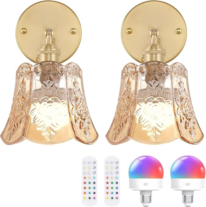 Shenmoyl Vintage Battery Operated Wall Sconces Set of Two, Wireless Battery Powered Rose Wall Sconce with Remote Control, RGB Dimmable LED Wall Light for Bedside Bedroom Living Room (Amber)
