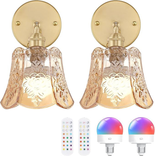 Shenmoyl Vintage Battery Operated Wall Sconces Set of Two, Wireless Battery Powered Rose Wall Sconce with Remote Control, RGB Dimmable LED Wall Light for Bedside Bedroom Living Room (Amber)
