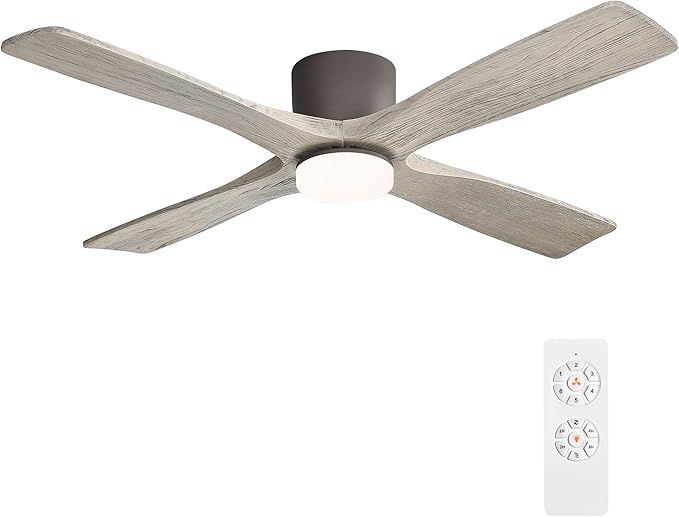 WINGBO 54 Inch Flush Mount DC Ceiling Fan with Lights and Remote, 4 Reversible Carved Wood Blades, 6-Speed Noiseless DC Motor, Hugger Ceiling Fans in Graphite Finish with Barn Wood Blades