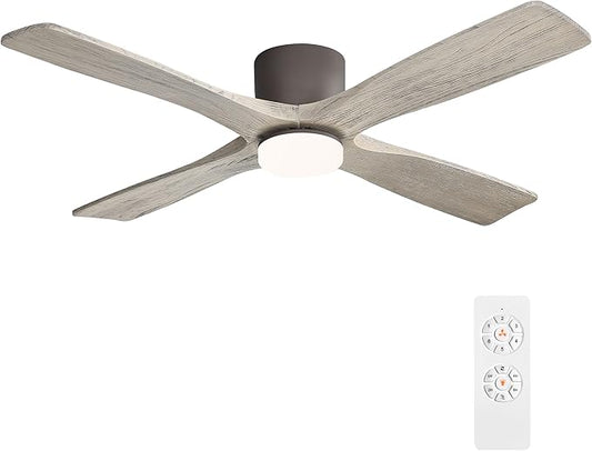 WINGBO 54 Inch Flush Mount DC Ceiling Fan with Lights and Remote, 4 Reversible Carved Wood Blades, 6-Speed Noiseless DC Motor, Hugger Ceiling Fans in Graphite Finish with Barn Wood Blades