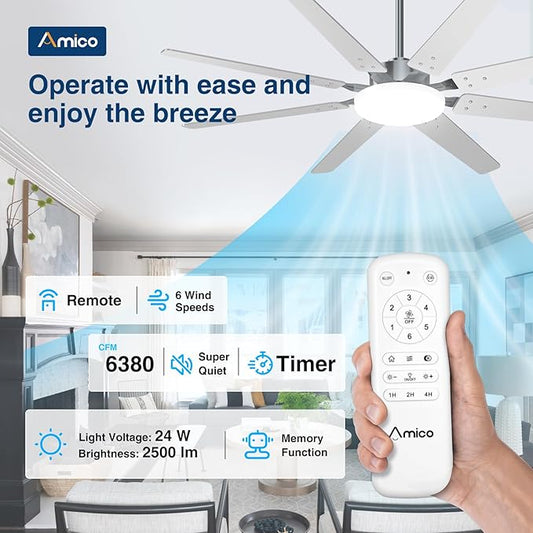 Amico 64 inch Ceiling Fans with Lights,Large Ceiling Fan with Light and Remote Control, Dimmable, 6 Speed Reversible Quiet DC Motor, Nickel Modern Ceiling fan For Living Room, Kitchen, Patio