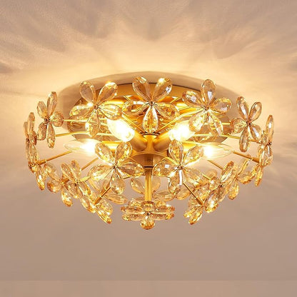 Modern K9 Crystal Chandeliers, Chic Style Close to Ceiling Light Fixture for Living Room, Bedroom, Dining Room, D18 x H8 in, Champagne Flower Crystal & Gold Finish Frame