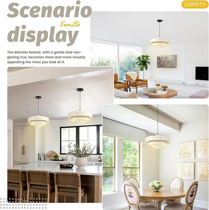 Mid-Century Modern Pendant Light, Beige Pendant Lighting, 1-Light Adjustable Hanging Light Fixture for Kitchen Island, Dining Room, Bedroom, Living Room