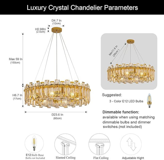 Modern Luxury K9 Crystal Chandelier 8-Lights Gold Round Pendant Light Easy Install Ceiling Hanging Light Fixture for Dining Living Room Kitchen Island Entryway Foyer D23.6