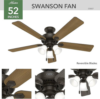 Hunter 52 inch Indoor Ceiling Fan with LED Lights - Bronze Ceiling Fan with Pull Chain, For Bedroom, Living Room, or Kitchen, Standard Mount, No Remote, 5 Blades - Swanson 50887, New Bronze