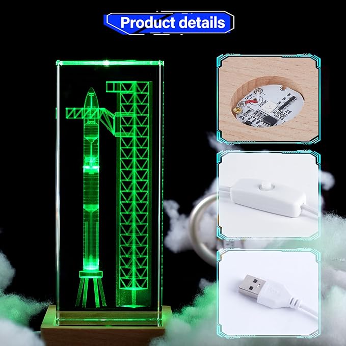 【Collector's Gifts】 SpaceX Starship Crystal Lamp, 3D Laser-Etched Rocket Night Light, Ultimate Gift for Space Enthusiasts, Sci-Fi Fans & Mars Dreamers (Regular)