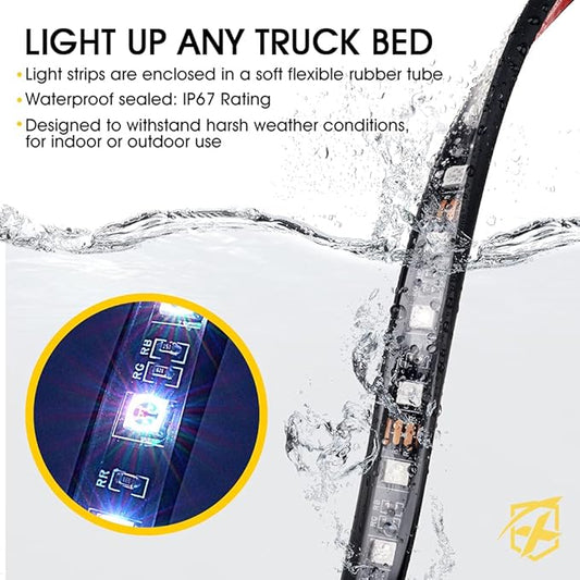 Xprite 60" RGB Truck Bed Bluetooth Lights Kit, Neon Accent Exterior Glow Rails Light Strips w/APP Control & Wireless Remote, for Cargo, Tonneau Cover, Pickup Trucks, Van, SUV, Camper RV, Boat - 3PCS