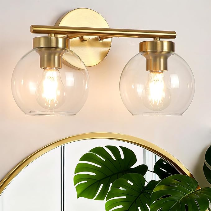 Gold Vanity Light, 2 Light Bathroom Vanity Light with Clear Globe Glass Shades, Modern Bathroom Light Fixture Over Mirror, Brass Wall Sconce Light for Bedroom Restroom, E26 Socket