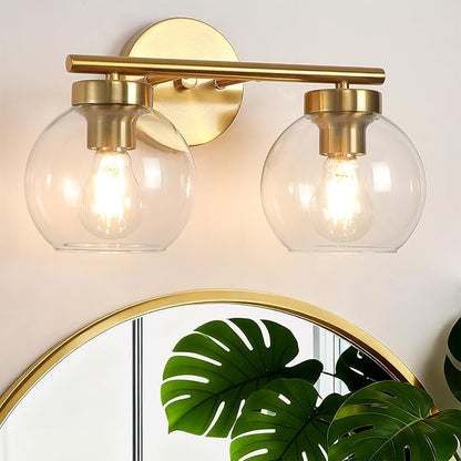 Gold Vanity Light, 2 Light Bathroom Vanity Light with Clear Globe Glass Shades, Modern Bathroom Light Fixture Over Mirror, Brass Wall Sconce Light for Bedroom Restroom, E26 Socket