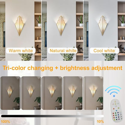 Modern Battery Operated Wall Sconces Set of Two, Simple Creative Wall Lamp Art Deco Lighting Fixture with Remote Control, RGB Dimmable Led Wall Light for Bedside Bedroom Living Room (Gold)