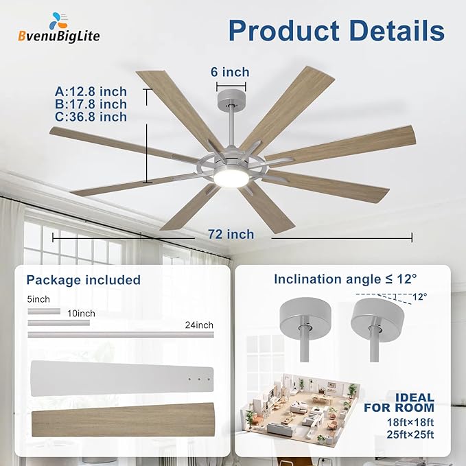 Large Ceiling Fans with Lights: Modern 72 Inch 8 Blade Outdoor Ceiling Fan with Remote APP Control - Dimmable Wood Big Fan light Indoor Reversible 6 Speed Quiet DC Motor