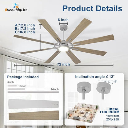 Large Ceiling Fans with Lights: Modern 72 Inch 8 Blade Outdoor Ceiling Fan with Remote APP Control - Dimmable Wood Big Fan light Indoor Reversible 6 Speed Quiet DC Motor