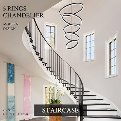 Modern LED Chandelier for Foyer Dimmable Black High Ceiling Chandeliers Foyer with Remote Control for Entryway Dining Room Living Room Staircase, 3000K-6500K(5-Rings D23.6’’)