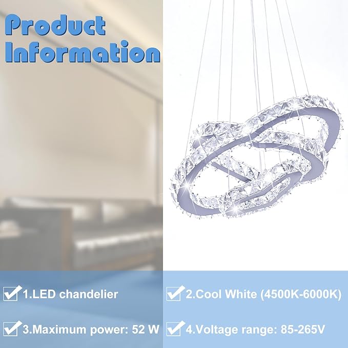 Crystal Chandeliers Modern LED 3 Ring Chandelier Adjustable Ceiling Light Fixtures Pendant Lighting Stainless Steel Hanging Lights for Living Room Dining Room Bathroom Bedroom, Cold White (Heart)
