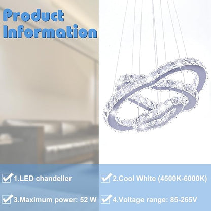 Crystal Chandeliers Modern LED 3 Ring Chandelier Adjustable Ceiling Light Fixtures Pendant Lighting Stainless Steel Hanging Lights for Living Room Dining Room Bathroom Bedroom, Cold White (Heart)