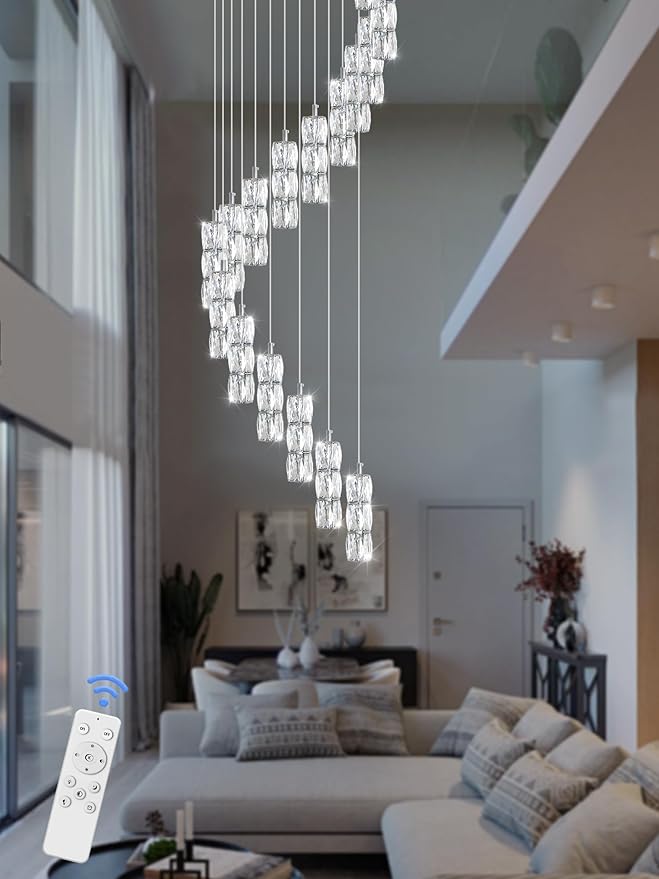 ykolupty H110 Chandelier for High Ceiling 16-Lights Crystal Pendant Light with Remote Large Chandelier for Living Room Staircase Villa