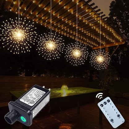 SHUKAN 4 Pcs 800 LED Plug-in Starburst Sphere Lights, Firework Light 8 Modes Dimmable Remote Control Waterproof Hanging Fairy Light, Copper Wire Lights for Patio Party Tent Christmas (Warm White)