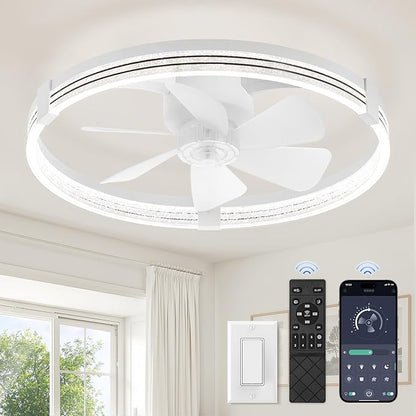 ZMISHIBO Low Profile Ceiling Fans with Lights, Flush Mount Modern Ceiling Fan and Remote Control, 23" LED Ceiling Fans, Stepless Dimmable 3 Colors and 6 Speeds