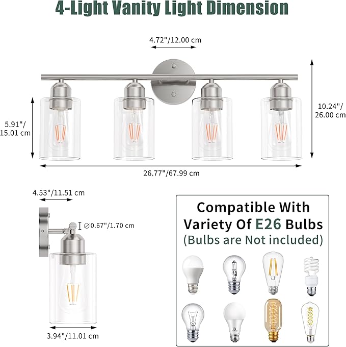 Bathroom Vanity Light Fixtures Brushed Nickel,4 Lights Rustic Farmhouse Vanity Bar Lighting Over Mirror Modern Industrial Wall Sconces Lamp with Cylinder Glass Shade