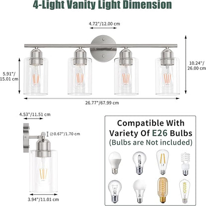 Bathroom Vanity Light Fixtures Brushed Nickel,4 Lights Rustic Farmhouse Vanity Bar Lighting Over Mirror Modern Industrial Wall Sconces Lamp with Cylinder Glass Shade