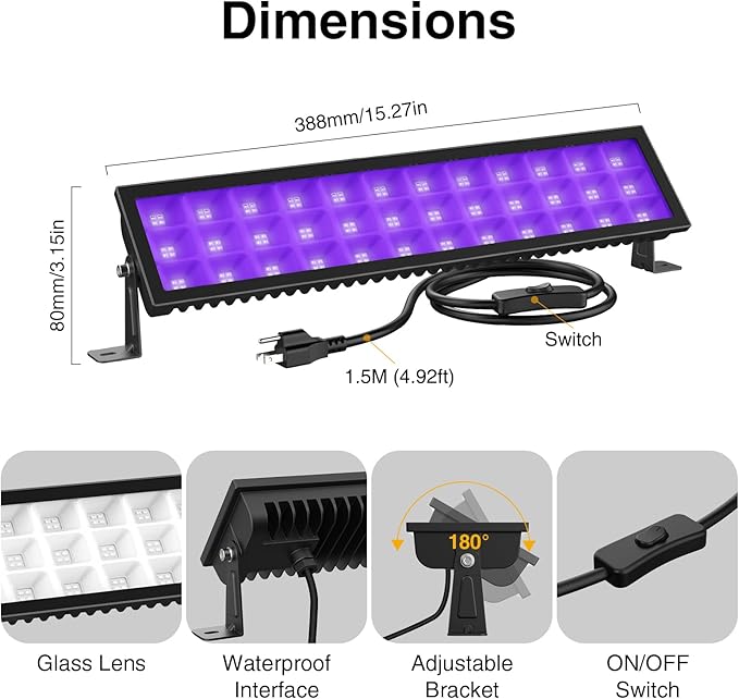 Onforu 2 Pack Black Light Bar, LED Blacklight with Plug and Switch, IP66 Waterproof for Glow Party, Bedroom, Halloween, Fluorescent Poster, Stage Lighting