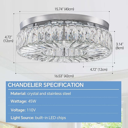 16.5" Crystal Chandelier LED Modern Flush Mount Ceiling Light Fixtures Round Ring Luxury Large Chandelier for Living Room Bedroom Dining Room Entrance (Cool white-16.5")