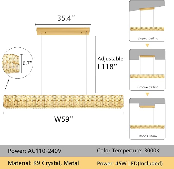 Rectangular Crystal Chandelier Glam Dimmable LED Crystal Chandeliers for Dining Room Linear Pendant Light with Remote Control for Kitchen Island Gold