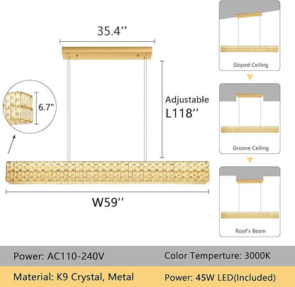 Rectangular Crystal Chandelier Glam Dimmable LED Crystal Chandeliers for Dining Room Linear Pendant Light with Remote Control for Kitchen Island Gold