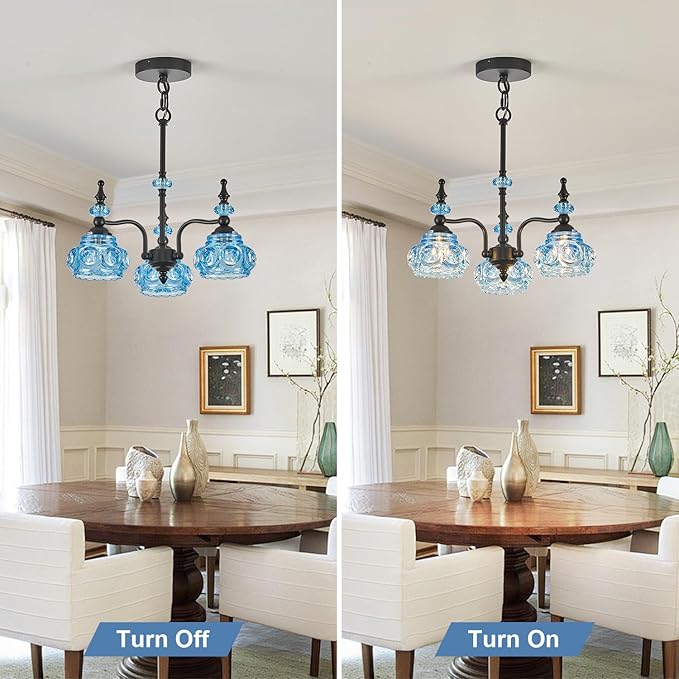 Blue 3-Light Pendant Light Fixtures Black Lights Victorian Vintage Celing Pendant Fixtures for Kitchen Island Bedroom Restrant