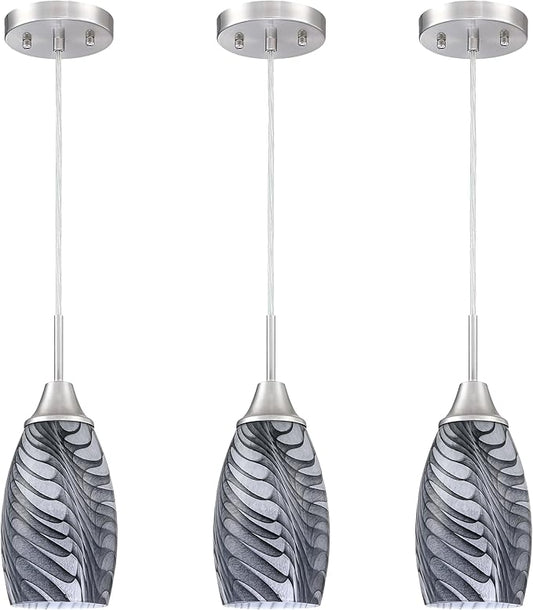 Viinew Mini Glass Pendant Light 4.72" with Handblown Black Gray Marble Art Glass Hanging Light 3-Pack Oval Ceiling Hanging Light Fixture for Dining Room Kitchen Island Cafe Foyer Hallway