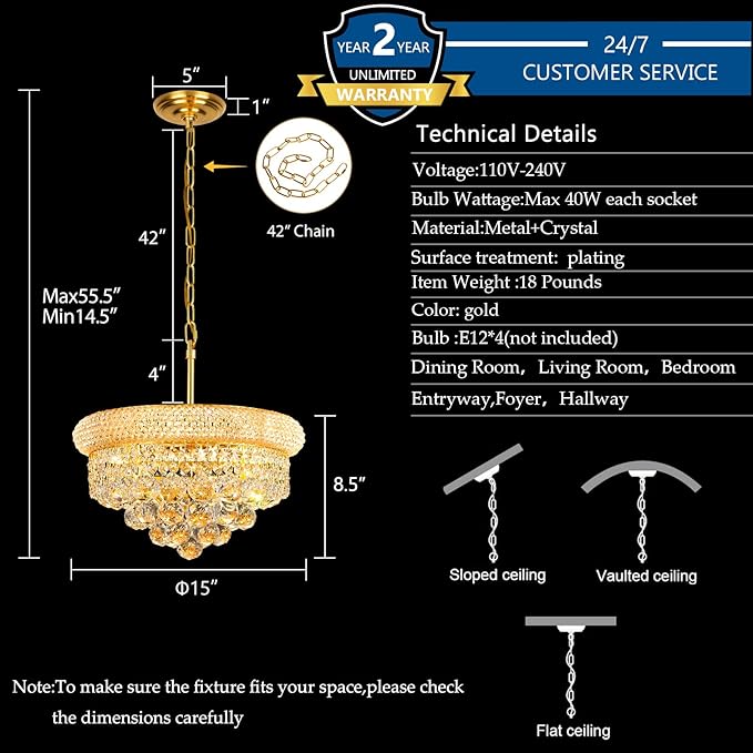 Crystal Chandeliers for Dining Room Light Fixture Over Table, Empire Style K9 Crystal Chandeliers for Bedroom, 4 Lights Gold Luxury Lighting Fixtures for Entryway Kitchen Island Foyer D15 Inch