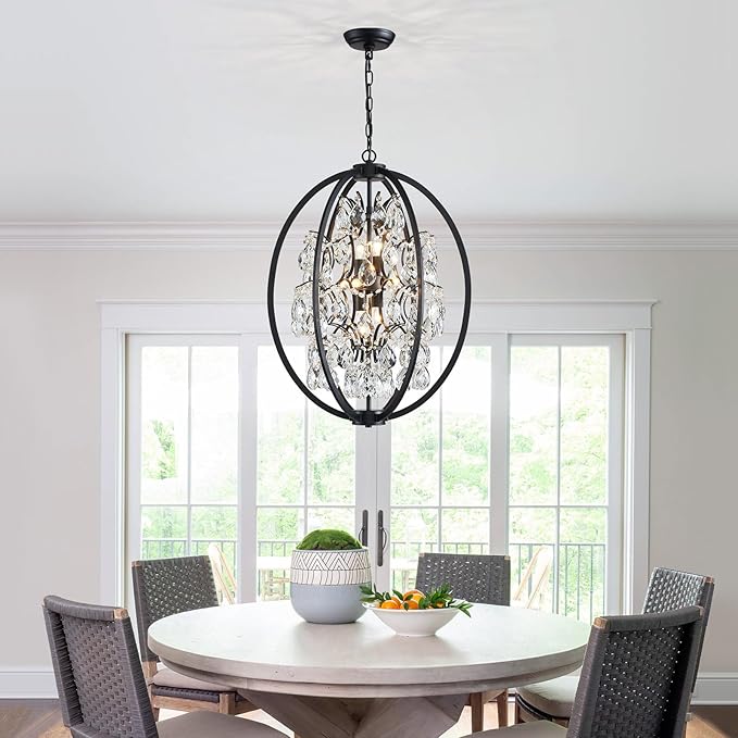 WUZUPS Globe Crystal Chandelier Raindrop Pendant Flushmount Ceiling Light Modern Lighting Fixture for Bedroom Hallway Bar Kitchen Bathroom, H 23.6" x W 19.7", Black, 8 E12 Base