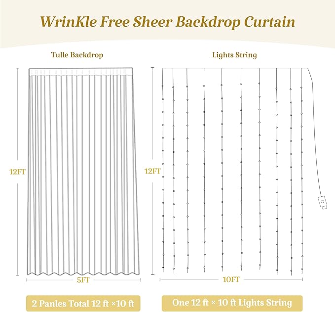 10×12ft Black Sheer Backdrop Curtains with Lights String for Parties Birthday Black Tulle Backdrop Curtain for Baby Shower Wedding Graduation Halloween Party Photo Shoot Decorations 2 Panels 5×12ft