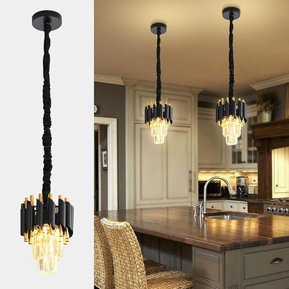 Modern Black Crystal Chandelier 2-Tier Round Pendant Lighting Light Fixture Chandelier for Kitchen Island Entryway Bathroom BedHead Bedroom