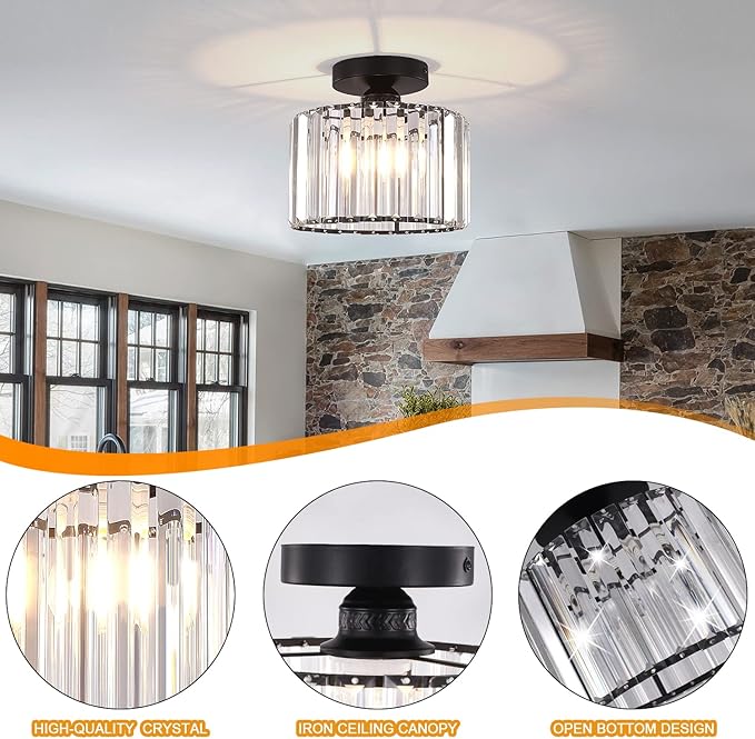 BUXVRCS Semi Flush Mount Modern Chandelier, Crystal Ceiling Light Fixture, Small Close to Ceiling Light for Living Room, Bedroom, Hallway, Bathroom, Kitchen, Entryway with E26 Base (Black)