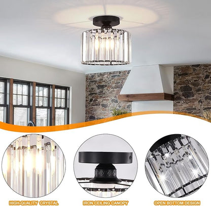 BUXVRCS Semi Flush Mount Modern Chandelier, Crystal Ceiling Light Fixture, Small Close to Ceiling Light for Living Room, Bedroom, Hallway, Bathroom, Kitchen, Entryway with E26 Base (Black)