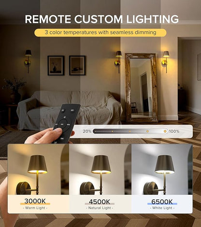 UME Wireless Sconces Set of 2 with Remote, 5200mAh Battery Powered Sconces - Small Rechargeable Sconces w/ 3 Color Temps & 5 Brightness Levels for Bedroom, Living Room, Wall Painting, Cafe (Coffee)