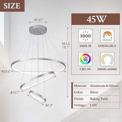 3 Ring Modern LED Chandelier Silver Dimmable Round Chandeliers, LED Circular Pendant Light Fixture with Remote Control for Living Room, Dining Room, Office, Entry, Bedroom