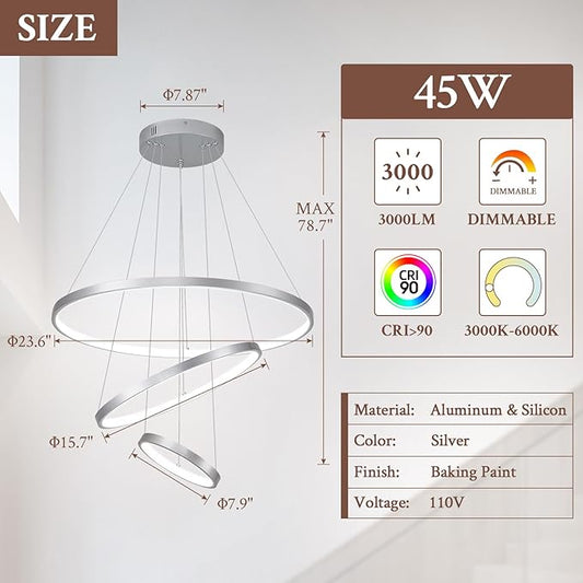 3 Ring Modern LED Chandelier Silver Dimmable Round Chandeliers, LED Circular Pendant Light Fixture with Remote Control for Living Room, Dining Room, Office, Entry, Bedroom