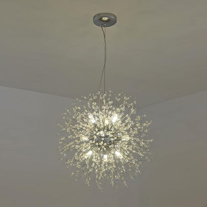 Modern Crystal Chandeliers Firework, 9-Light Chrome Dandelion Sputnik Ceiling Light Fixtures, Sputnik Chandelier Pendant Light for Bedroom Living Room Dining Room Kitchen Island Hallway