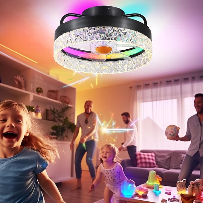 Mpayel RGB Ceiling Fans with Lights and Remote, 13'' Low Profile Ceiling Fans, LED Bladeless Modern Flush Mount Ceiling Fan Light for Bedroom, Living Room, Kitchen