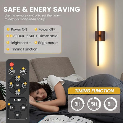 Battery Operated Wall Sconces Set of Two, 11000mAh LED Wireless Faux Walnut Finish Wall Lights with Remote, 350°Rotate Dimmable Wall Lamp, 3 Color Temperatures, for Bedroom, Living Room, Hallway